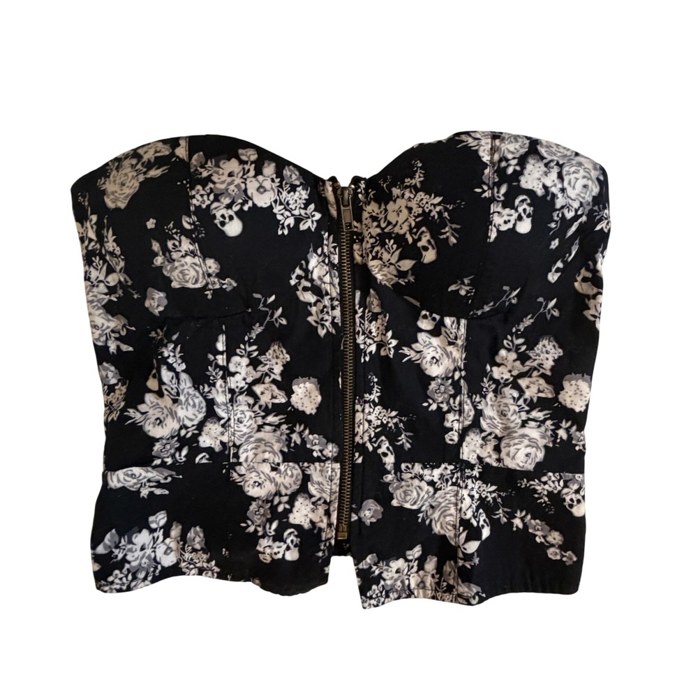 Poof Skull Floral Corset Top Womens Small Black Zipper Front Strapless Excellent